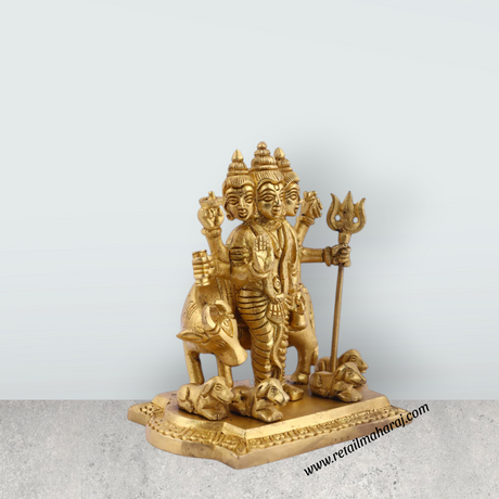 Datta Murti Standing On Base - 5 x 5 Inches | Antique Brass Idol/ Dattatreya Idol/ Datta Idol for Pooja - Retail Maharaj