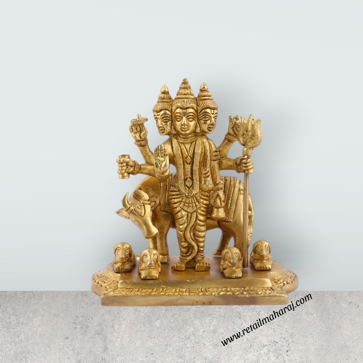 Datta Murti Standing On Base - 5 x 5 Inches | Antique Brass Idol/ Dattatreya Idol/ Datta Idol for Pooja - Retail Maharaj