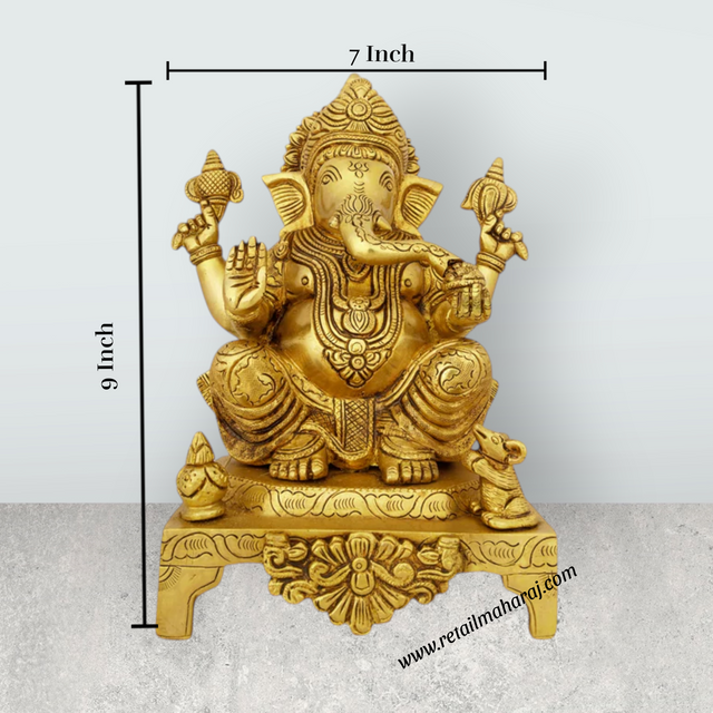 Ganesh Murti - 9 x 5 Inches | Antique Brass Idol/ Ganpati Idol/ Vinayaka Statue for Pooja/ 3.500 Kgs Approx - Retail Maharaj