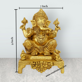 Ganesh Murti Sitting On Chowki - 9 x 7 Inches | Antique Brass Idol/ Ganpati Idol/ Vinayaka Statue/ 3.920 Kgs