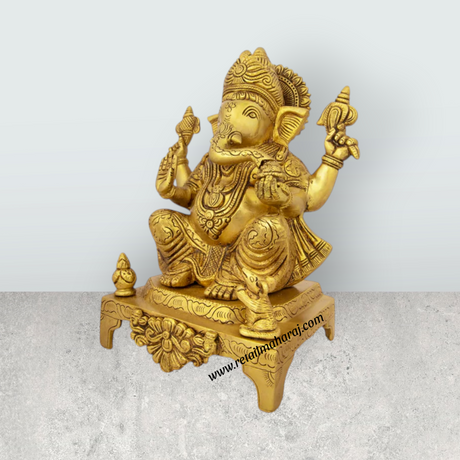 Ganesh Murti - 9 x 5 Inches | Antique Brass Idol/ Ganpati Idol/ Vinayaka Statue for Pooja/ 3.500 Kgs Approx - Retail Maharaj