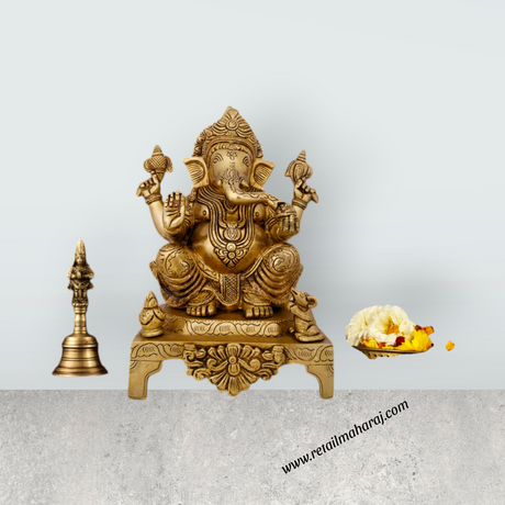 Ganesh Murti - 9 x 5 Inches | Antique Brass Idol/ Ganpati Idol/ Vinayaka Statue for Pooja/ 3.500 Kgs Approx - Retail Maharaj
