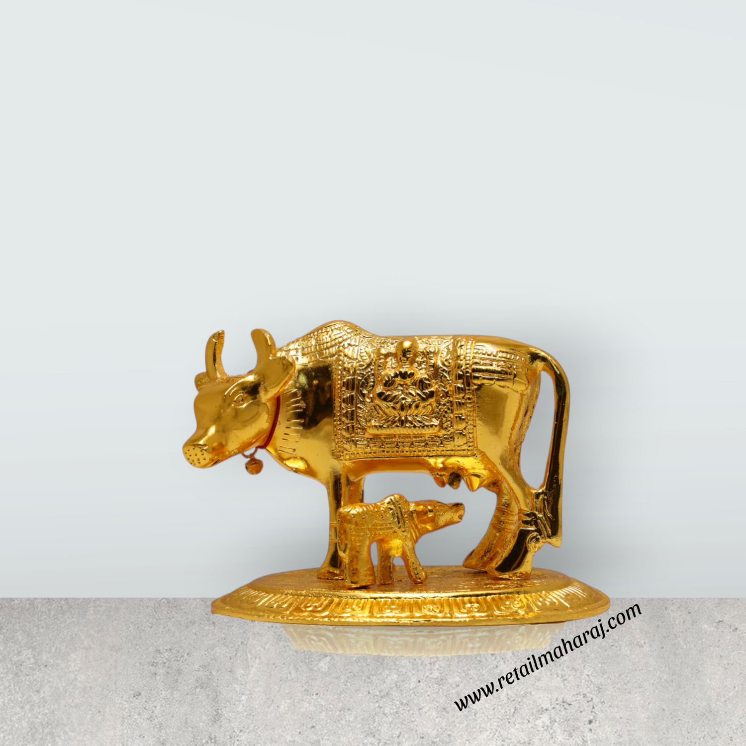 Brass Kamadhenu Statue - 4 Inches | Brass Idol/ Cow and Calf Idol/ Kamadhenu Idol for Pooja - Retail Maharaj