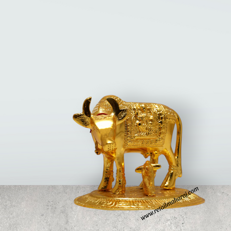 Brass Kamadhenu Statue - 4 Inches | Brass Idol/ Cow and Calf Idol/ Kamadhenu Idol for Pooja - Retail Maharaj