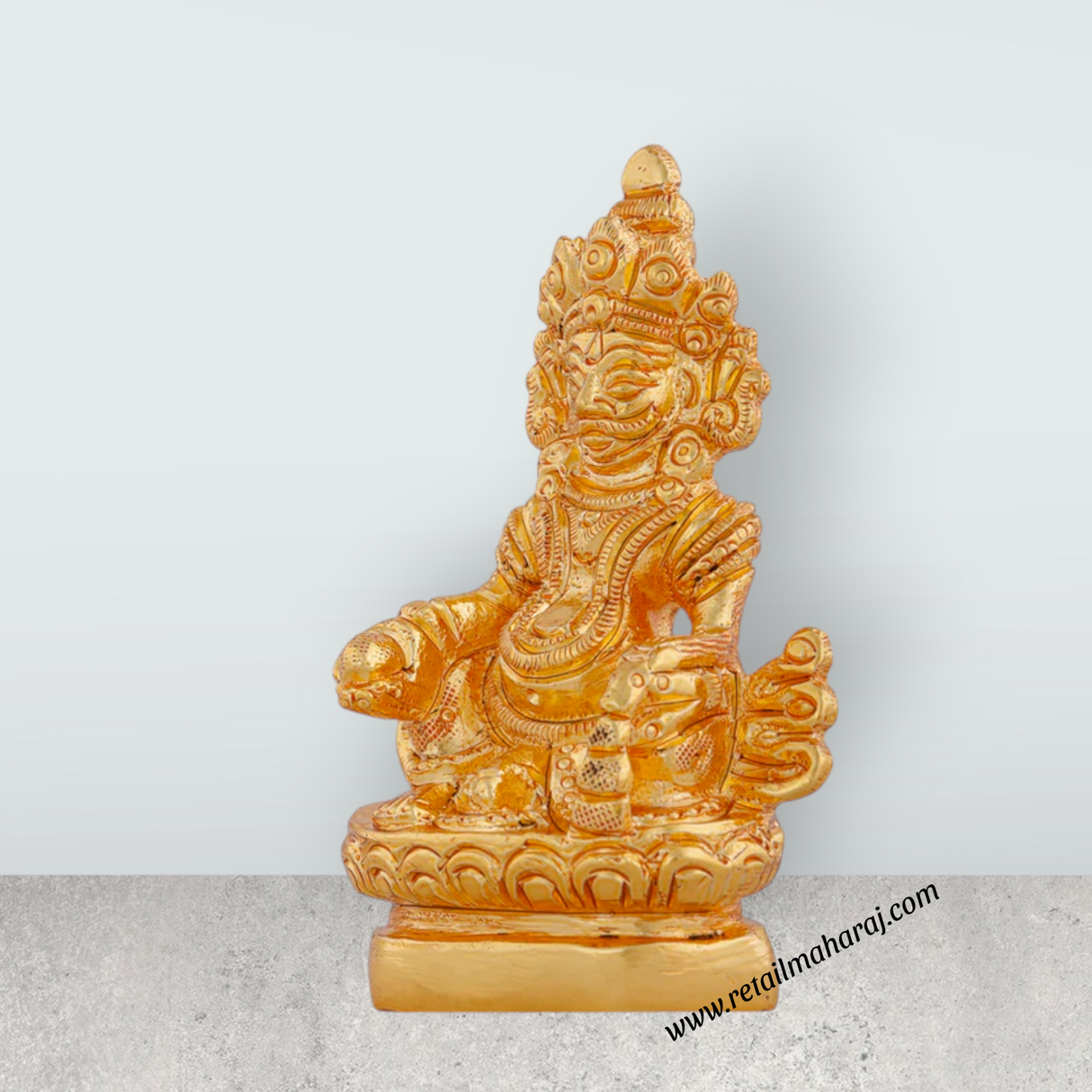 Kuber Statue Sitting On Flower Base - 3.5 x 2 Inches | Gold Polish Kubera Statue/ Kuber Murti for Pooja/ 320 Gms - Retail Maharaj