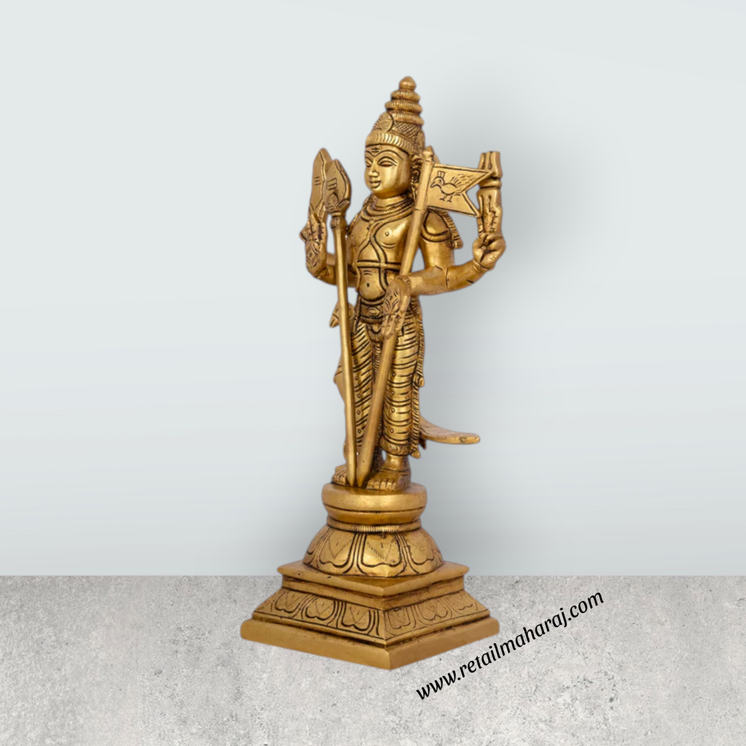 Murugan Statue With Base - 11.5 x 5.5 Inches | Antique Brass Idol/ Standing Murugan Silai for Pooja/ 4 Kgs - Retail Maharaj