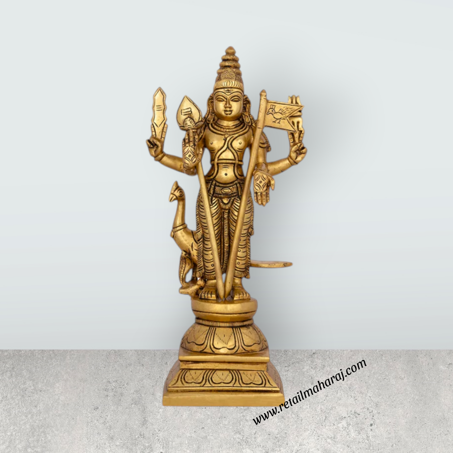 Murugan Statue With Base - 11.5 x 5.5 Inches | Antique Brass Idol/ Standing Murugan Silai for Pooja/ 4 Kgs - Retail Maharaj