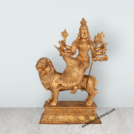 Durga sitting on Lion Murti- 9.5 x 6 Inches | Panchloha Idol/ Durga statue/ Decor For Home & Pooja - Retail Maharaj