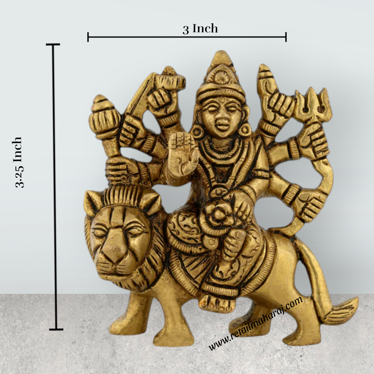 Durga Idol Sitting On Lion With 8 Hands - 3.25 x 3 Inches | Antique Brass Idol/ Durga Murti for Pooja/ 320 Gms - Retail Maharaj