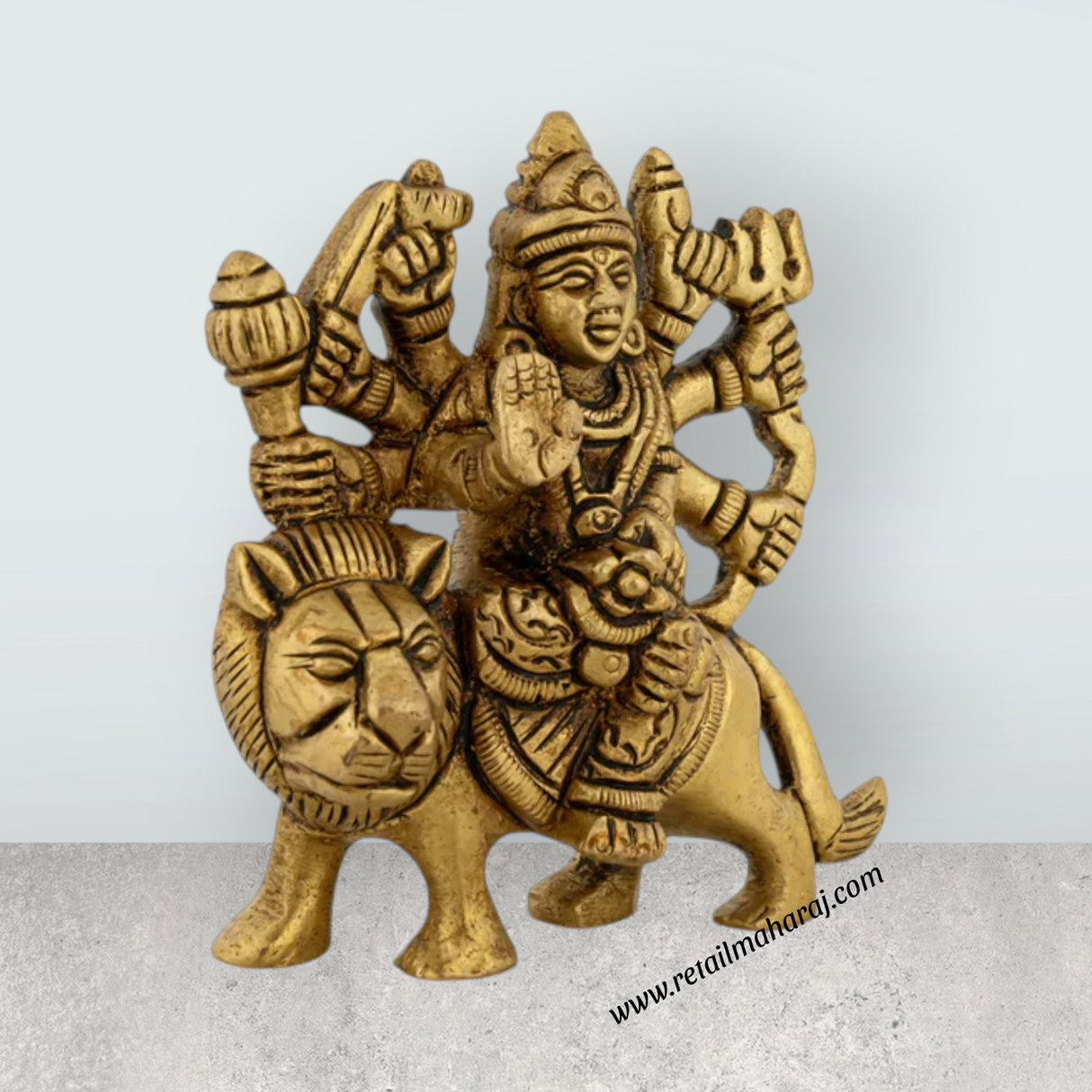 Durga Idol Sitting On Lion With 8 Hands - 3.25 x 3 Inches | Antique Brass Idol/ Durga Murti for Pooja/ 320 Gms - Retail Maharaj