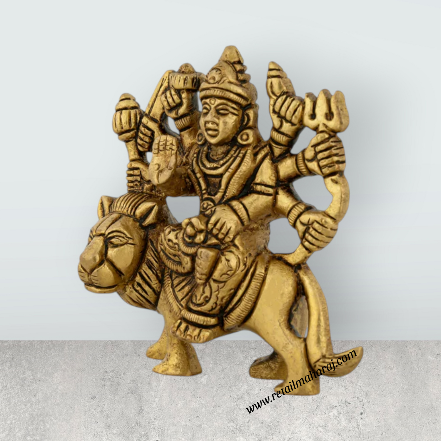 Durga Idol Sitting On Lion With 8 Hands - 3.25 x 3 Inches | Antique Brass Idol/ Durga Murti for Pooja/ 320 Gms - Retail Maharaj