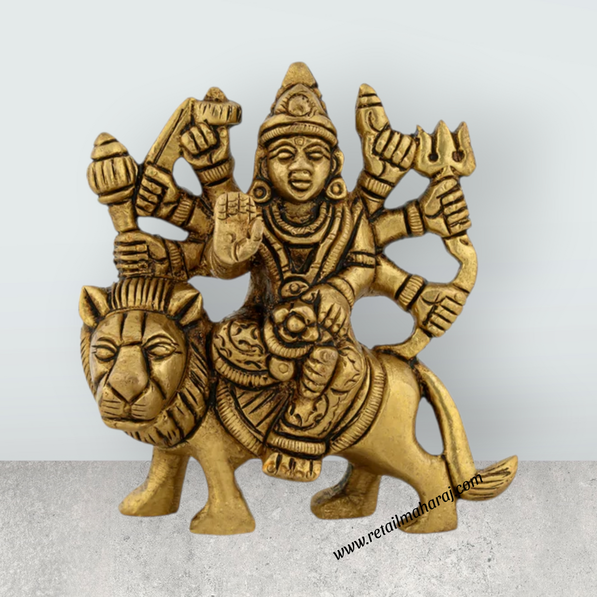 Durga Idol Sitting On Lion With 8 Hands - 3.25 x 3 Inches | Antique Brass Idol/ Durga Murti for Pooja/ 320 Gms - Retail Maharaj