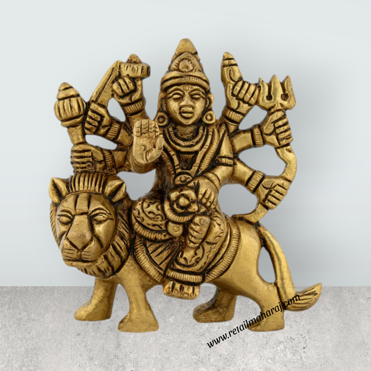 Durga Idol Sitting On Lion With 8 Hands - 3.25 x 3 Inches | Antique Brass Idol/ Durga Murti for Pooja/ 320 Gms - Retail Maharaj