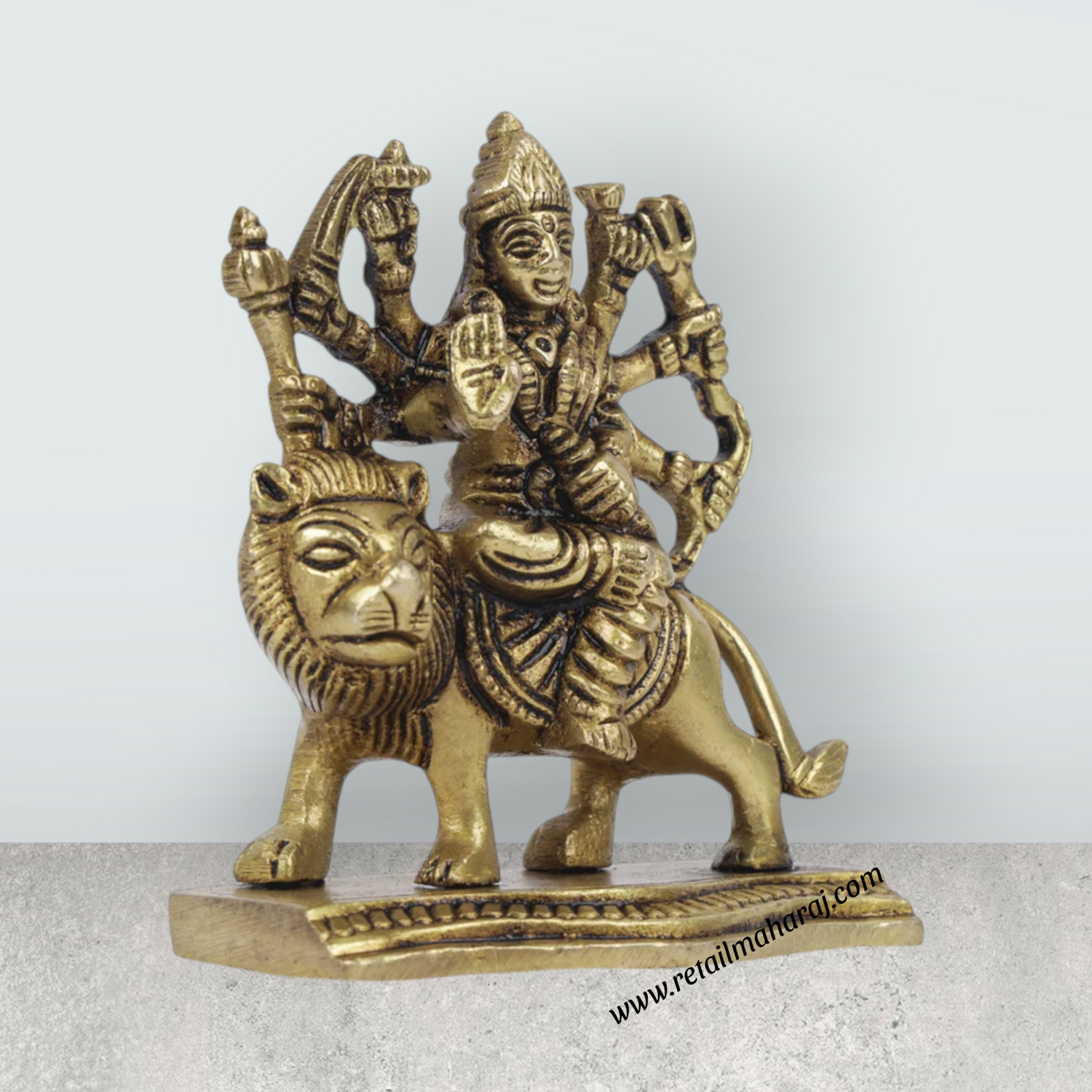 Durga Idol With 8 Hands Sitting On Lion - 3.5 x 3 Inches | Antique Brass Idol/ Durga Maa Idol for Home - Retail Maharaj