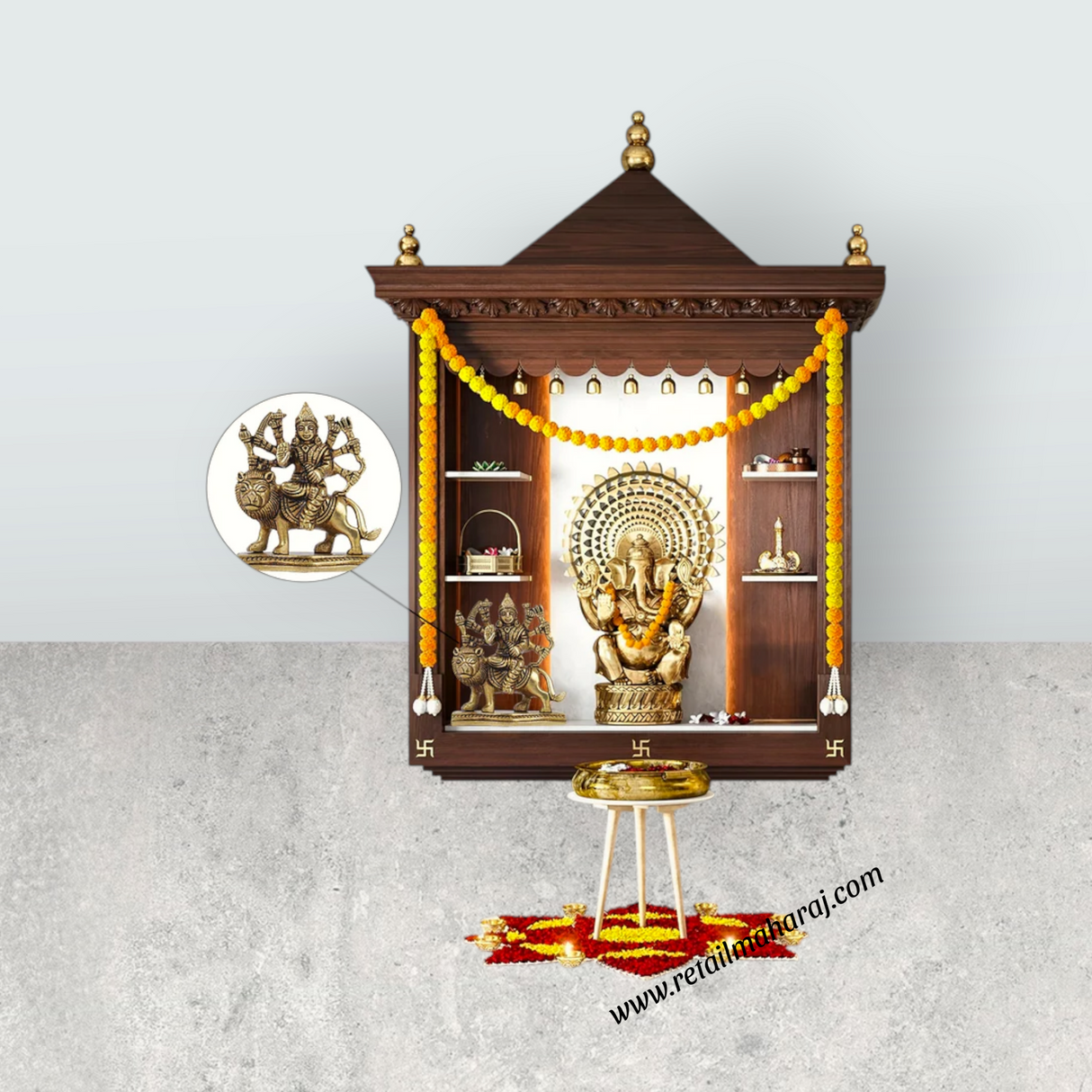Durga Idol With 8 Hands Sitting On Lion - 3.5 x 3 Inches | Antique Brass Idol/ Durga Maa Idol for Home - Retail Maharaj