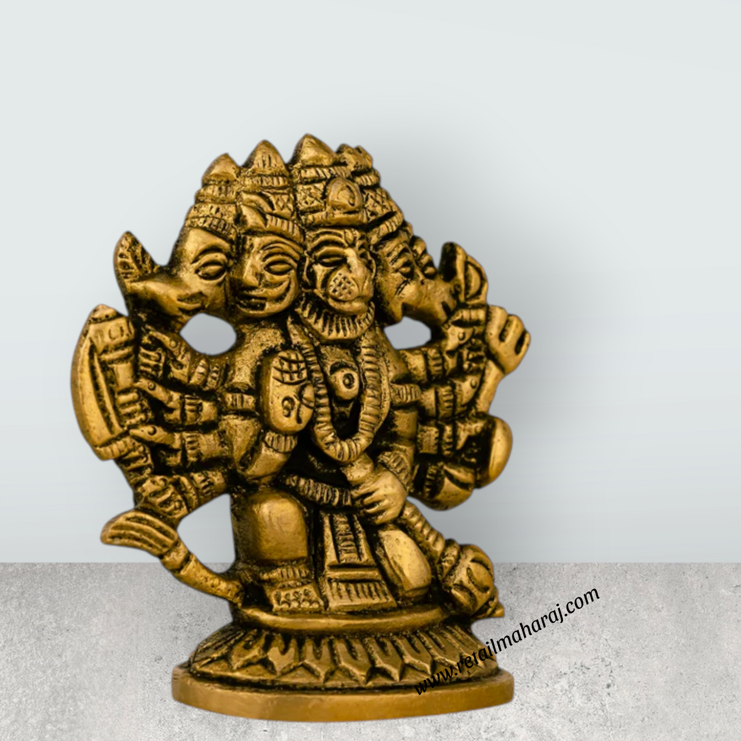 Panchmukhi Hanuman Murti - 2.5 X 2.5 Inches | Antique Brass Idol/ Sitting 5 Face Anjaneya Statue For Protection - Retail Maharaj