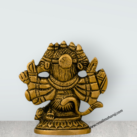 Panchmukhi Hanuman Murti - 2.5 X 2.5 Inches | Antique Brass Idol/ Sitting 5 Face Anjaneya Statue For Protection - Retail Maharaj