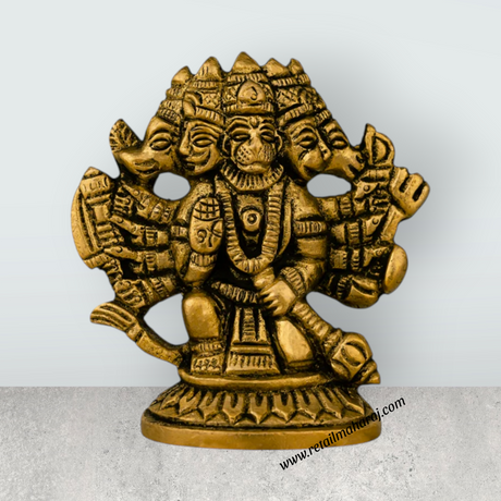 Panchmukhi Hanuman Murti - 2.5 X 2.5 Inches | Antique Brass Idol/ Sitting 5 Face Anjaneya Statue For Protection - Retail Maharaj