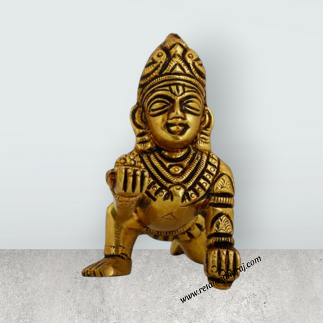 Crawling Krishna - 3 x 2.75 Inches | Little Krishna Murti/ Brass Idol/ Krishna Statue for Pooja - Retail Maharaj