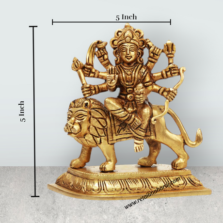 Durga Idol With 8 Hands Sitting On Lion - 5 x 5 Inches | Antique Brass Idol/ Durga Murti for Pooja - Retail Maharaj