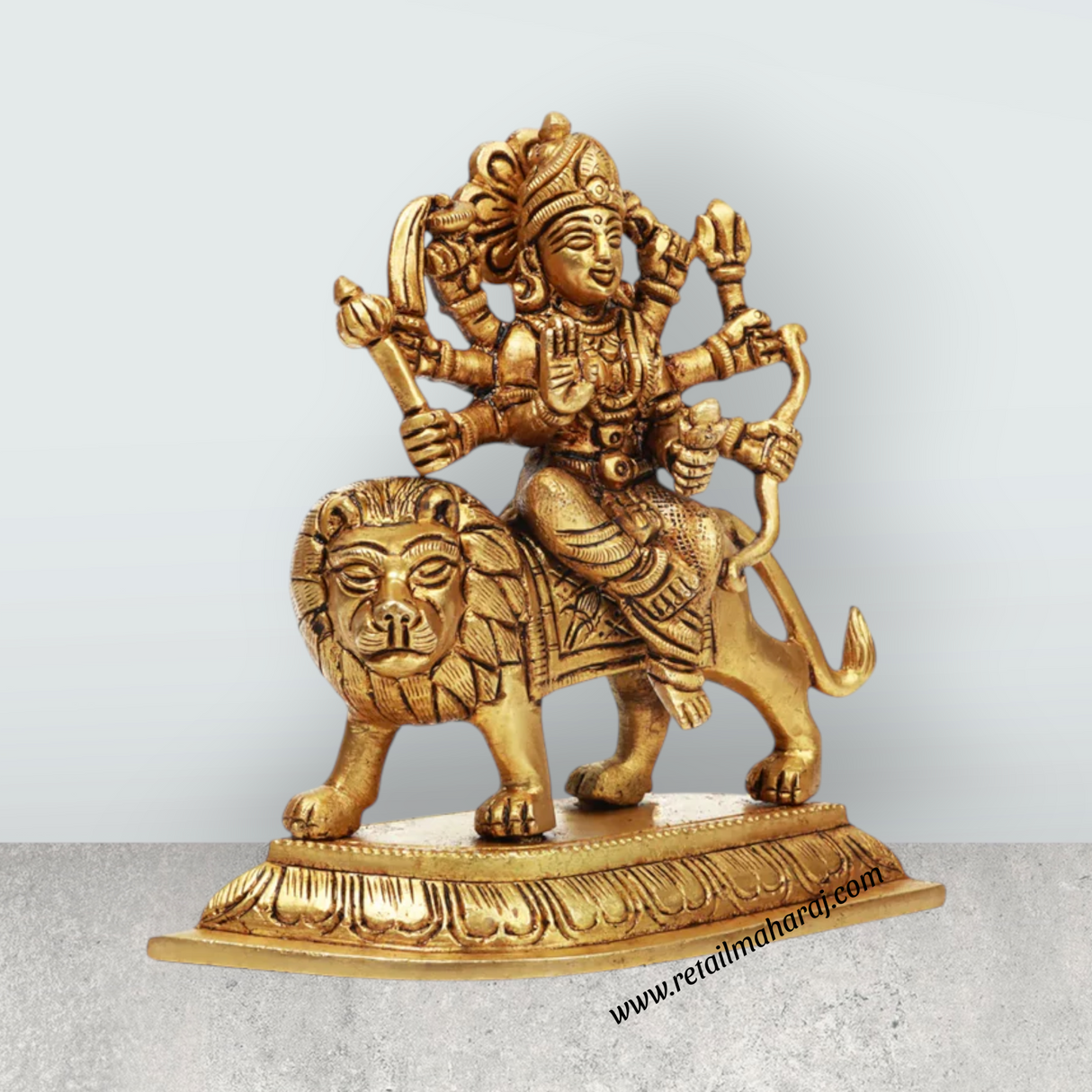 Durga Idol With 8 Hands Sitting On Lion - 5 x 5 Inches | Antique Brass Idol/ Durga Murti for Pooja - Retail Maharaj