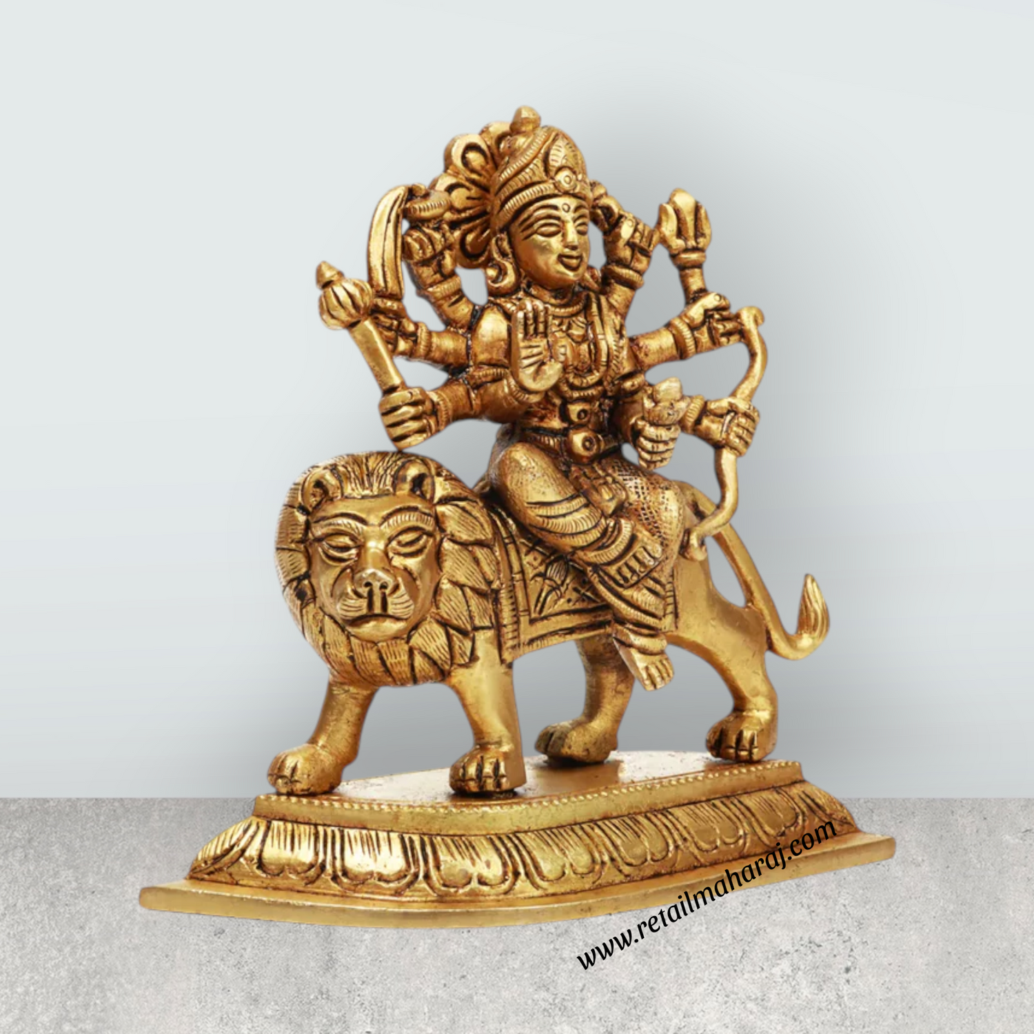 Durga Idol With 8 Hands Sitting On Lion - 5 x 5 Inches | Antique Brass Idol/ Durga Murti for Pooja - Retail Maharaj