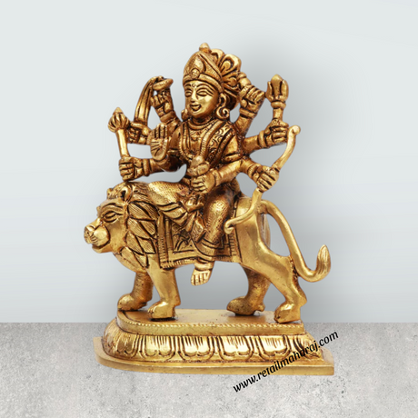 Durga Idol With 8 Hands Sitting On Lion - 5 x 5 Inches | Antique Brass Idol/ Durga Murti for Pooja - Retail Maharaj