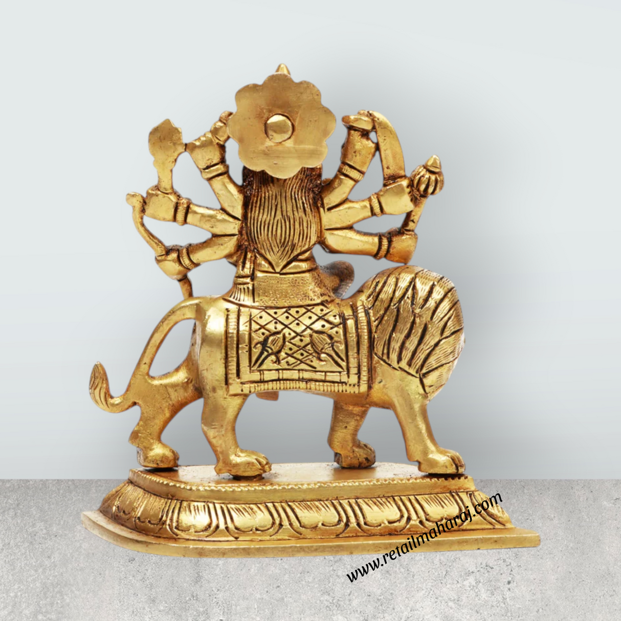 Durga Idol With 8 Hands Sitting On Lion - 5 x 5 Inches | Antique Brass Idol/ Durga Murti for Pooja - Retail Maharaj