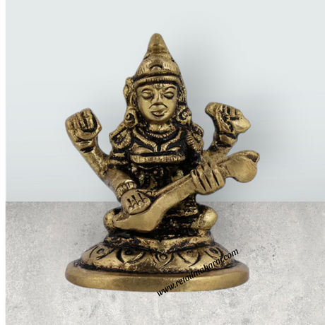 Saraswati Murti Sitting On Base - 1.5 x 1.25 Inches | Antique Brass Idol / Saraswathy Idol For Home Pooja Décor - Retail Maharaj