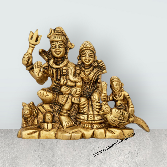 Shiv Family Murti - 3 x 3.25 Inches | Antique Brass Idol/ Sitting Shiva Family Statue for Pooja/ 320 Gms Approx - Retail Maharaj