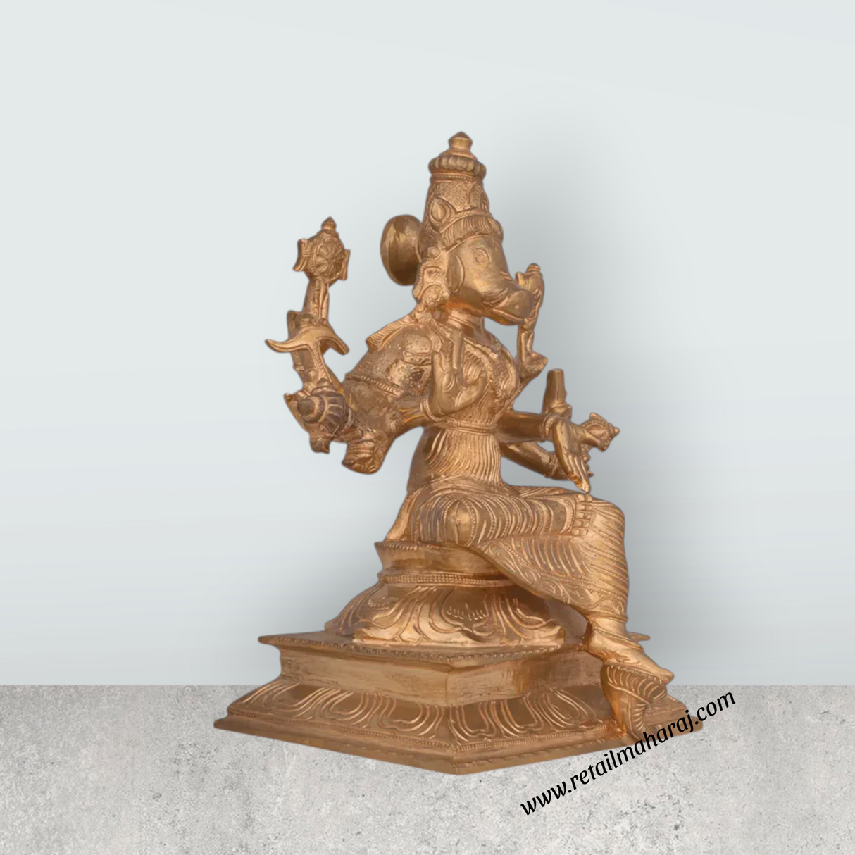 Varahi Amman Sitting on Base Murti - 9.7 x 7 Inches | Panchaloha Idol/ Varahi Amman Idol With 8 Hands for Pooja - Retail Maharaj