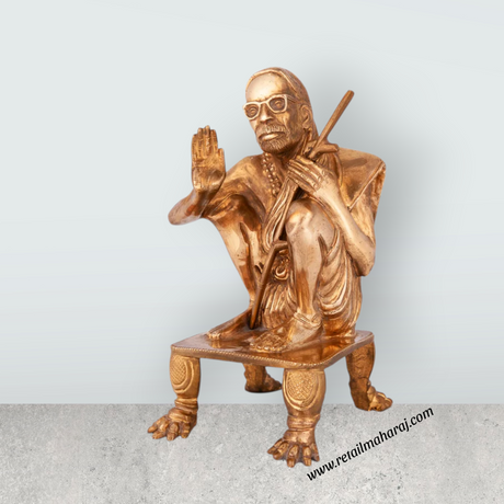 Kanchi Maha Periyava Sitting on Chowki Murti - 9 x 4.5 Inches | Panchaloha Kanchi Periyava Statue For Decor - Retail Maharaj