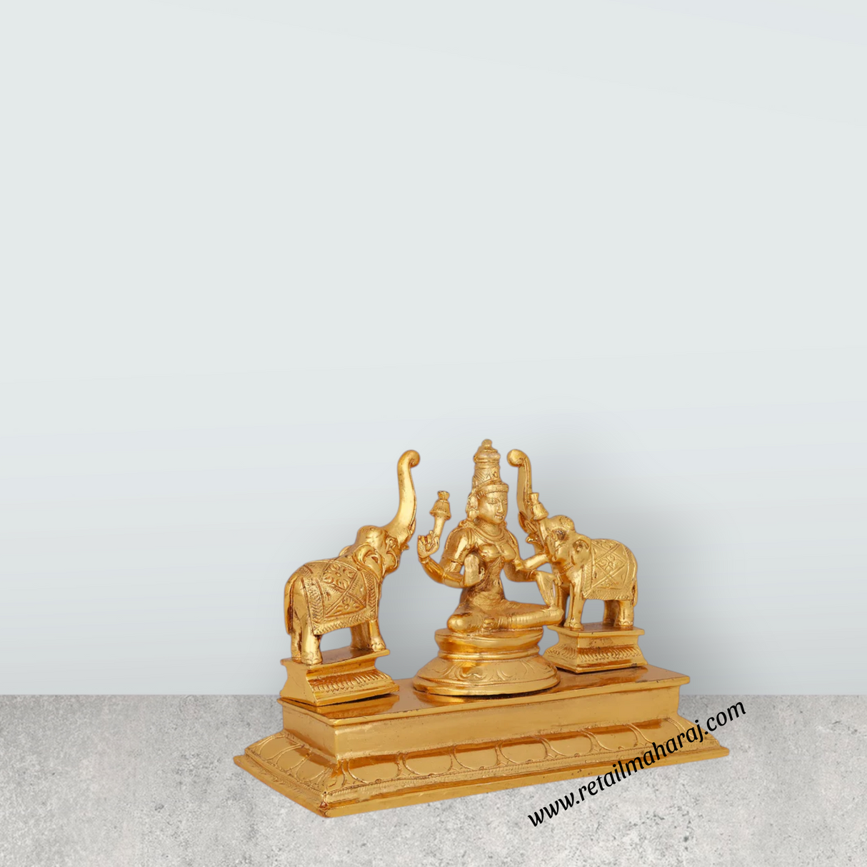 Gajalakshmi with Elephant Sitting On Base Murti - 4 x 6.5 Inches | Panchaloha Idol/ Gajalaxmi Murti for Pooja - Retail Maharaj