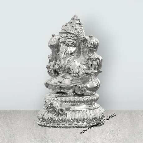 Ganesh Murti Sitting On Base – 2 x 1.25 Inches Copper Ganpati Murti Silver Polish Vinayaka Statue for Pooja - Retail Maharaj