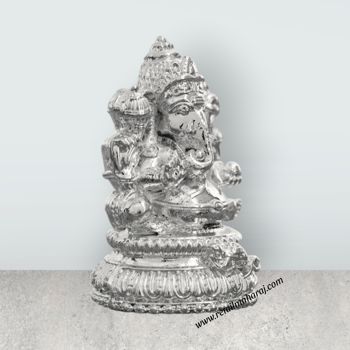 Ganesh Murti Sitting On Base – 2 x 1.25 Inches Copper Ganpati Murti Silver Polish Vinayaka Statue for Pooja - Retail Maharaj