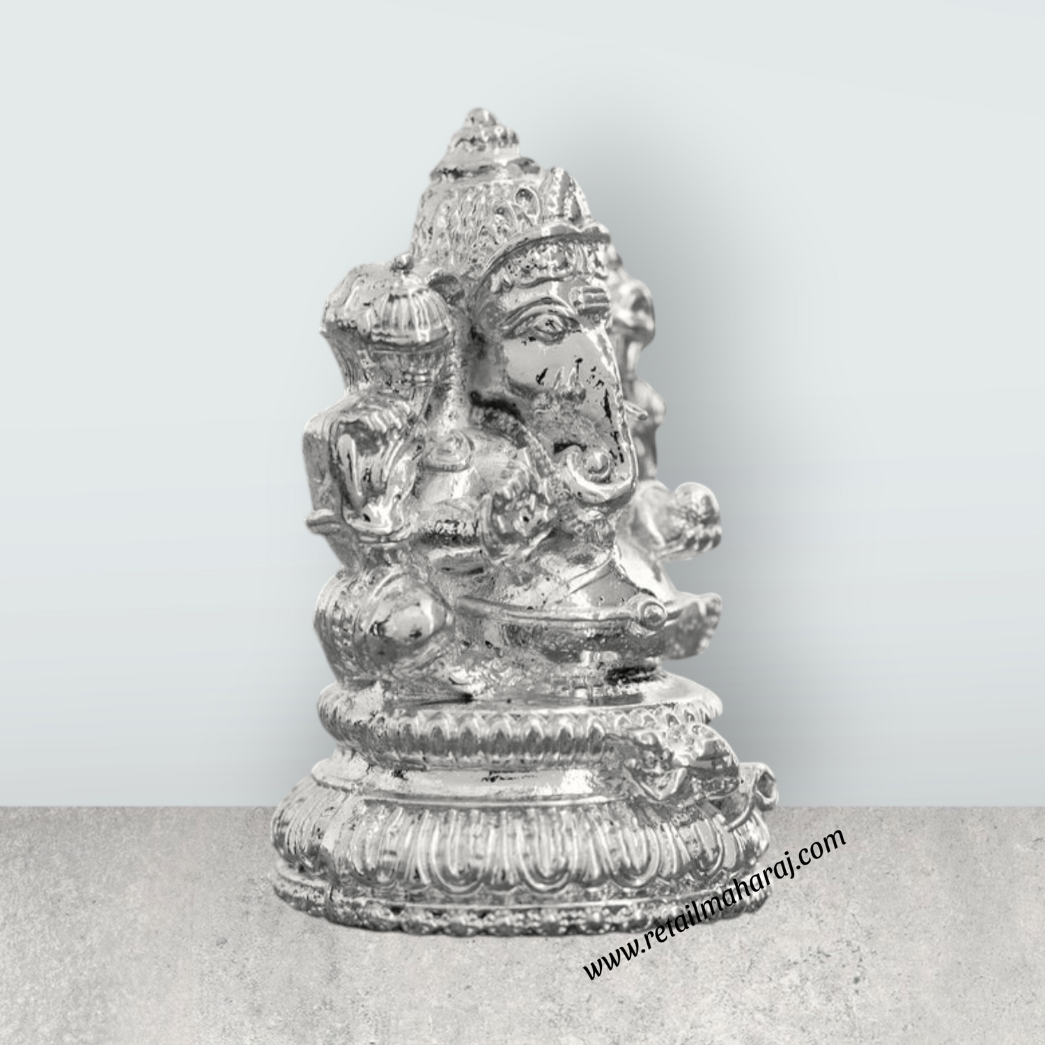 Ganesh Murti Sitting On Base – 2 x 1.25 Inches Copper Ganpati Murti Silver Polish Vinayaka Statue for Pooja - Retail Maharaj