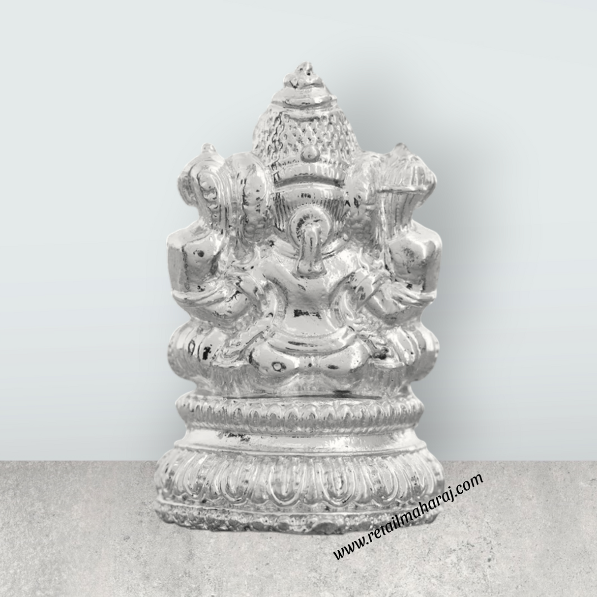 Ganesh Murti Sitting On Base – 2 x 1.25 Inches Copper Ganpati Murti Silver Polish Vinayaka Statue for Pooja - Retail Maharaj