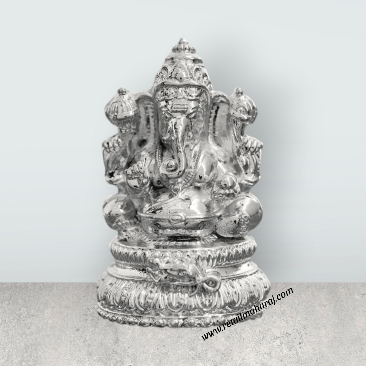 Ganesh Murti Sitting On Base – 2 x 1.25 Inches Copper Ganpati Murti Silver Polish Vinayaka Statue for Pooja - Retail Maharaj