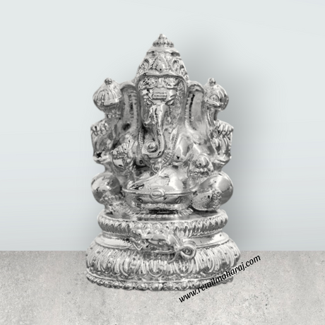 Ganesh Murti Sitting On Base – 2 x 1.25 Inches Copper Ganpati Murti Silver Polish Vinayaka Statue for Pooja - Retail Maharaj