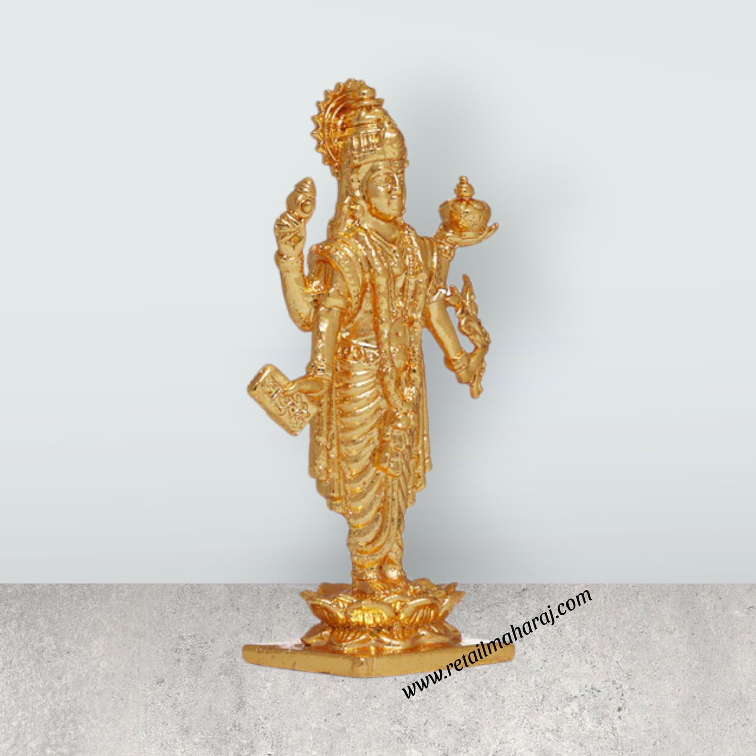Dhanvantari Murti Standing On Flower Base - 3 x 1 Inches | Copper Idol/ Gold Polish Dhanvantari Statue for Pooja - Retail Maharaj