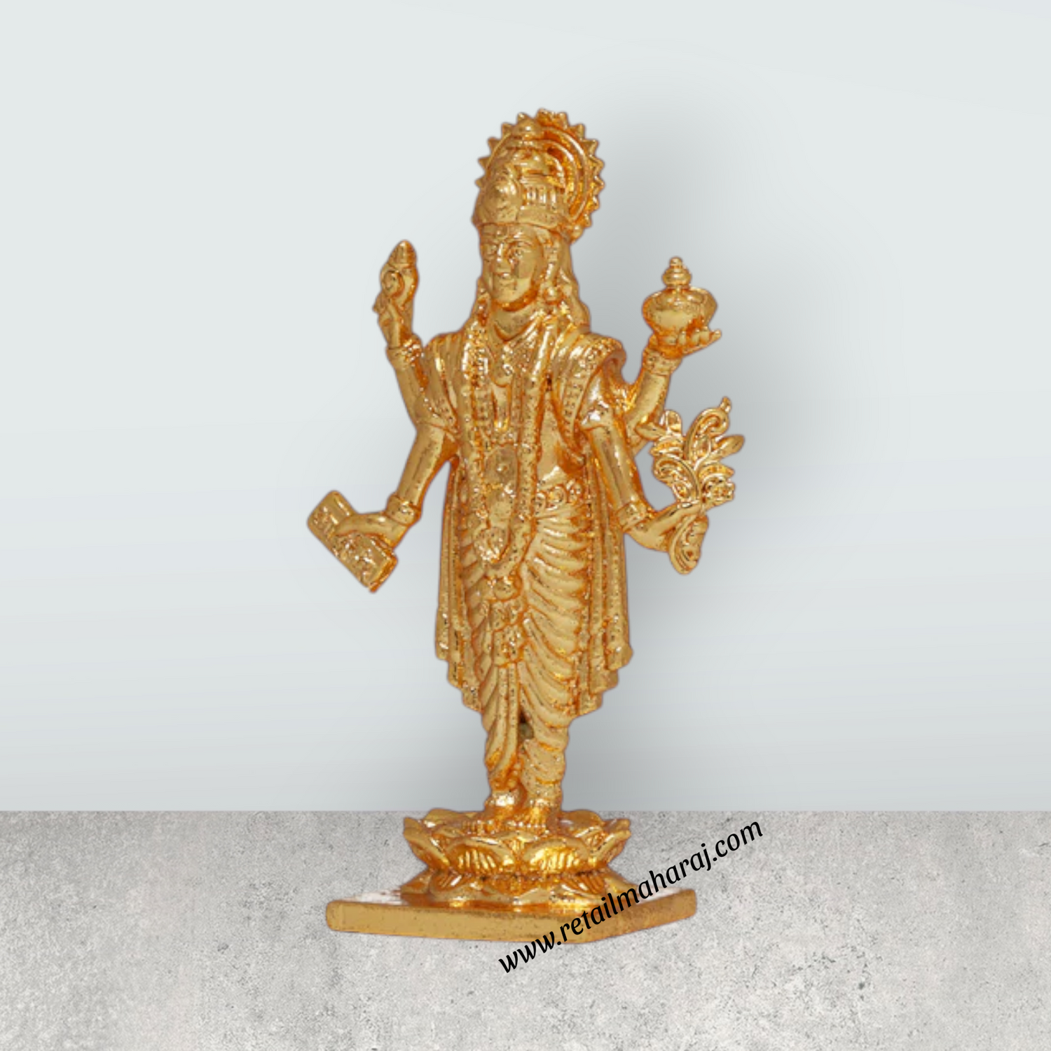 Dhanvantari Murti Standing On Flower Base - 3 x 1 Inches | Copper Idol/ Gold Polish Dhanvantari Statue for Pooja - Retail Maharaj