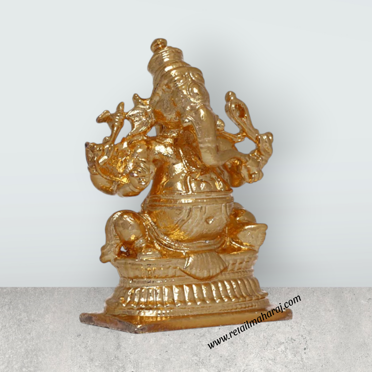 Ganesh Murti Sitting On Base - 1.75 x 1.25 Inches | Copper Idol/ Gold Polish Ganpati Murti for Pooja - Retail Maharaj