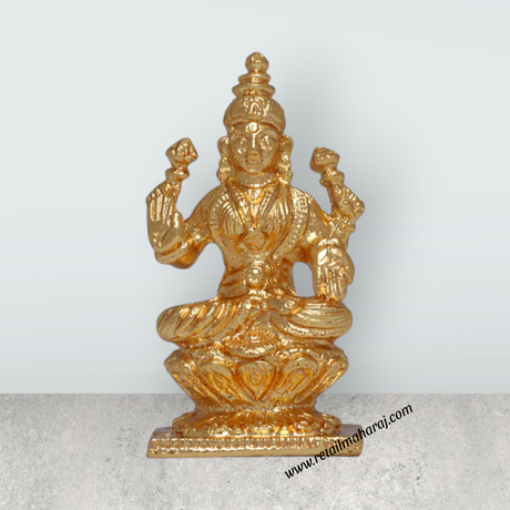Lakshmi Idol Sitting On Lotus Base - 2 x 1 Inches | Copper Idol/ Gold Polish Laxmi Murti for Pooja - Retail Maharaj