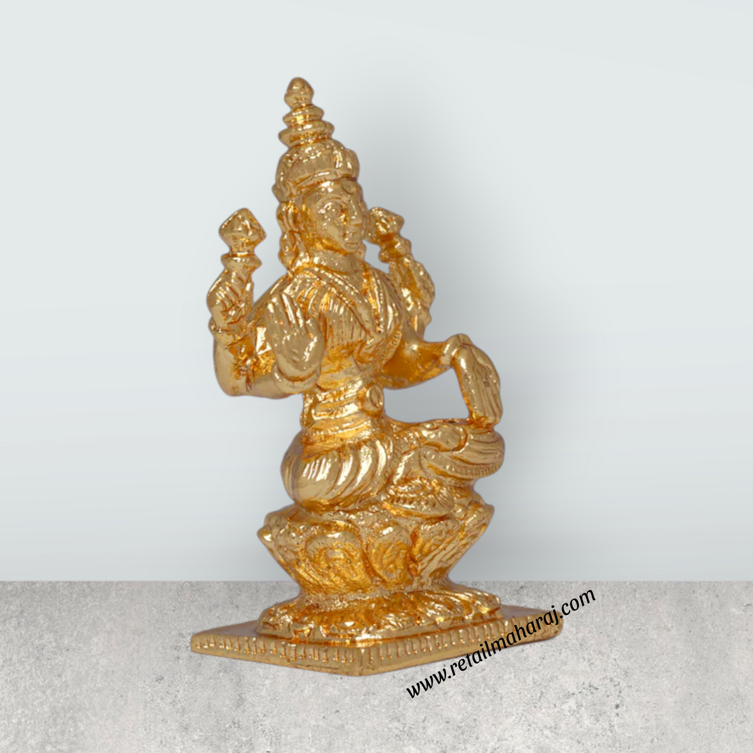 Lakshmi Idol Sitting On Lotus Base - 2 x 1 Inches | Copper Idol/ Gold Polish Laxmi Murti for Pooja - Retail Maharaj