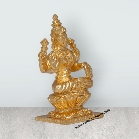Lakshmi Idol Sitting On Lotus Base - 2 x 1 Inches | Copper Idol/ Gold Polish Laxmi Murti for Pooja - Retail Maharaj