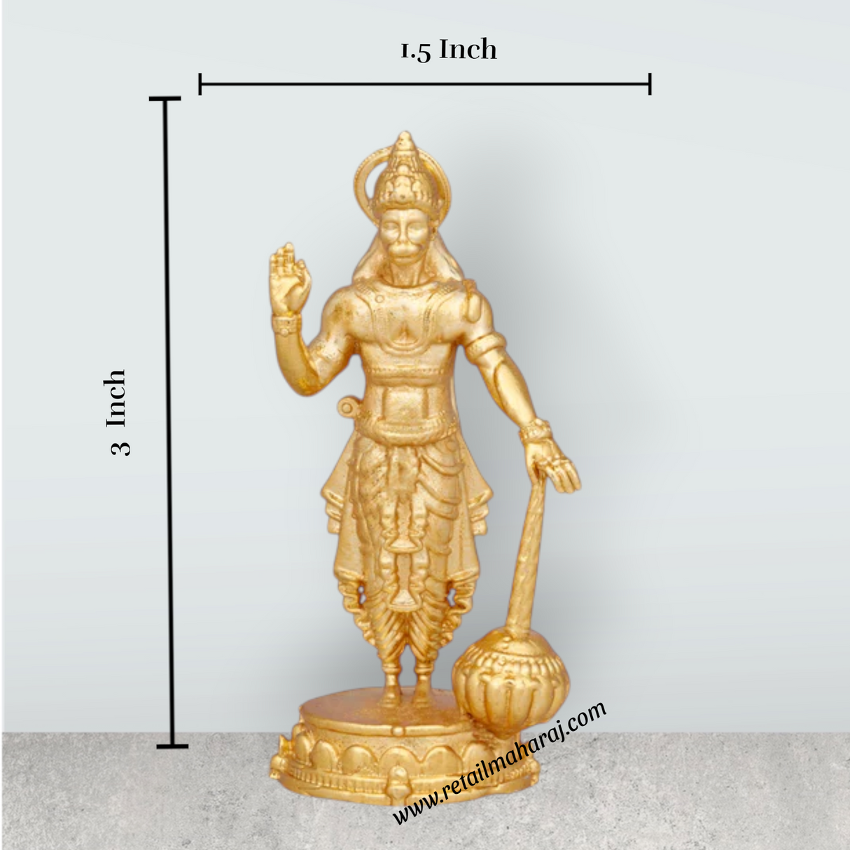 Anjaneya Statue – 3 x 1.5 Inches Copper Idol Gold Polish Standing Hanuman Statue for Pooja - Retail Maharaj