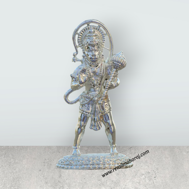 Anjaneya Statue – 3 x 1.5 Inches Copper Idol Silver Polish Standing Hanuman Statue for Pooja - Retail Maharaj