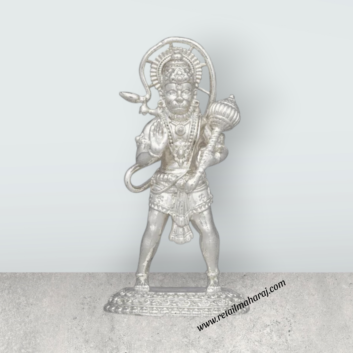 Anjaneya Statue – 3 x 1.5 Inches Copper Idol Silver Polish Standing Hanuman Statue for Pooja - Retail Maharaj