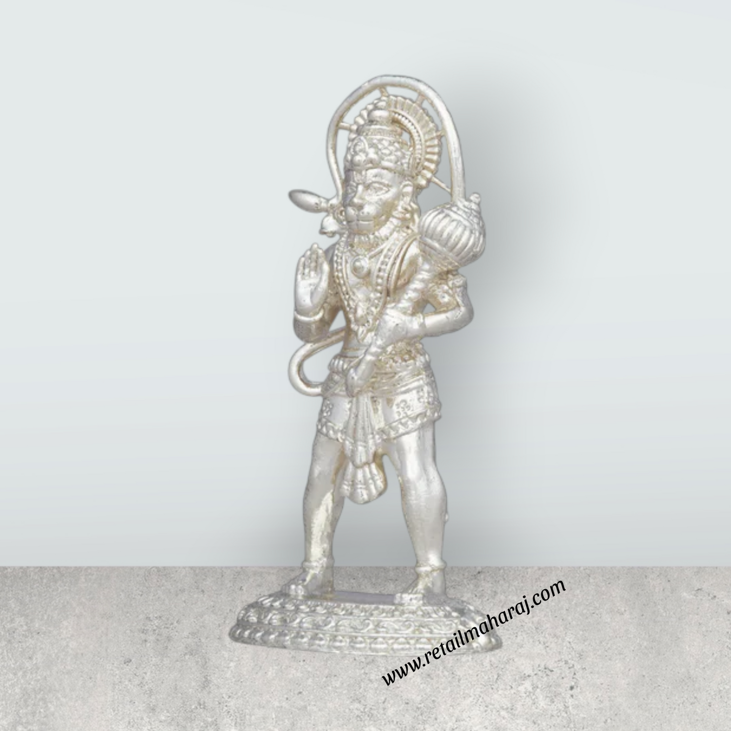 Anjaneya Statue – 3 x 1.5 Inches Copper Idol Silver Polish Standing Hanuman Statue for Pooja - Retail Maharaj