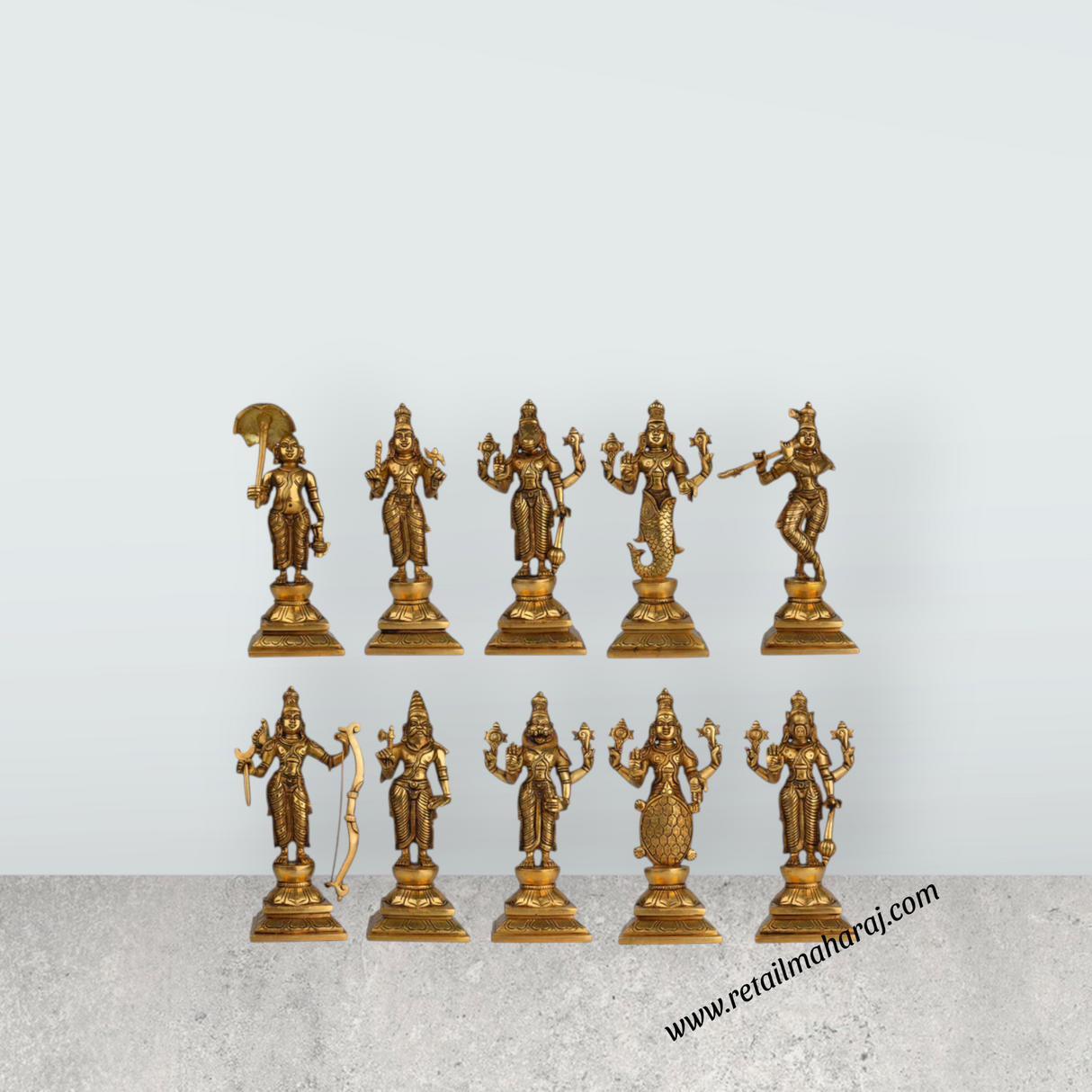 Dasavatharam Set - 9.5 Inches | Brass Idol/ Vishnu Avatar for Pooja/ 17.260 Kgs Approx - Retail Maharaj